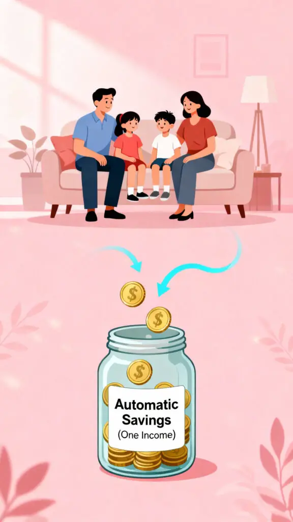 Illustration representing automatic savings habits that help families build financial security on one income, on a pastel pink background.