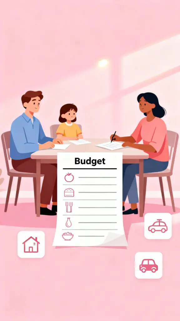 Illustration showing a family calmly creating a simple bare-bones budget to manage one income with clarity and peace, on a pastel pink background.