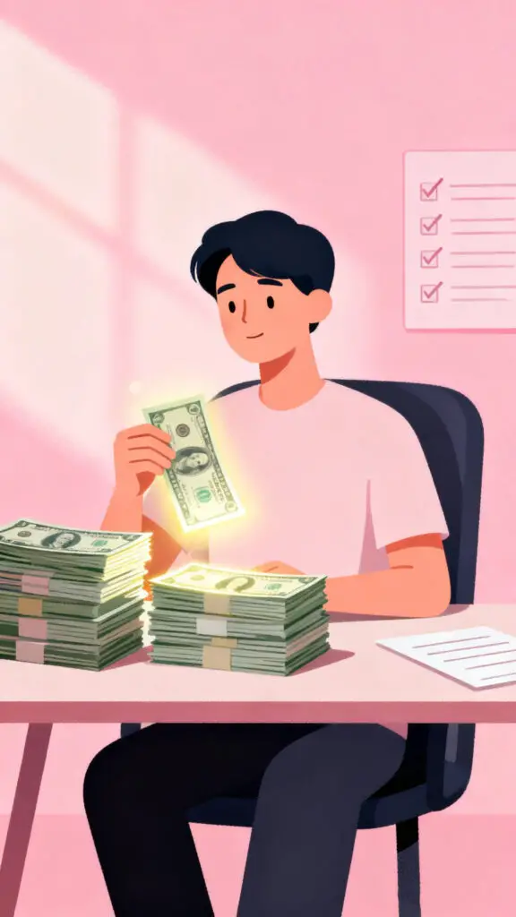 Illustration showing a person focusing on paying off one debt at a time to stay motivated while managing debt on a tight budget, on a pastel pink background.