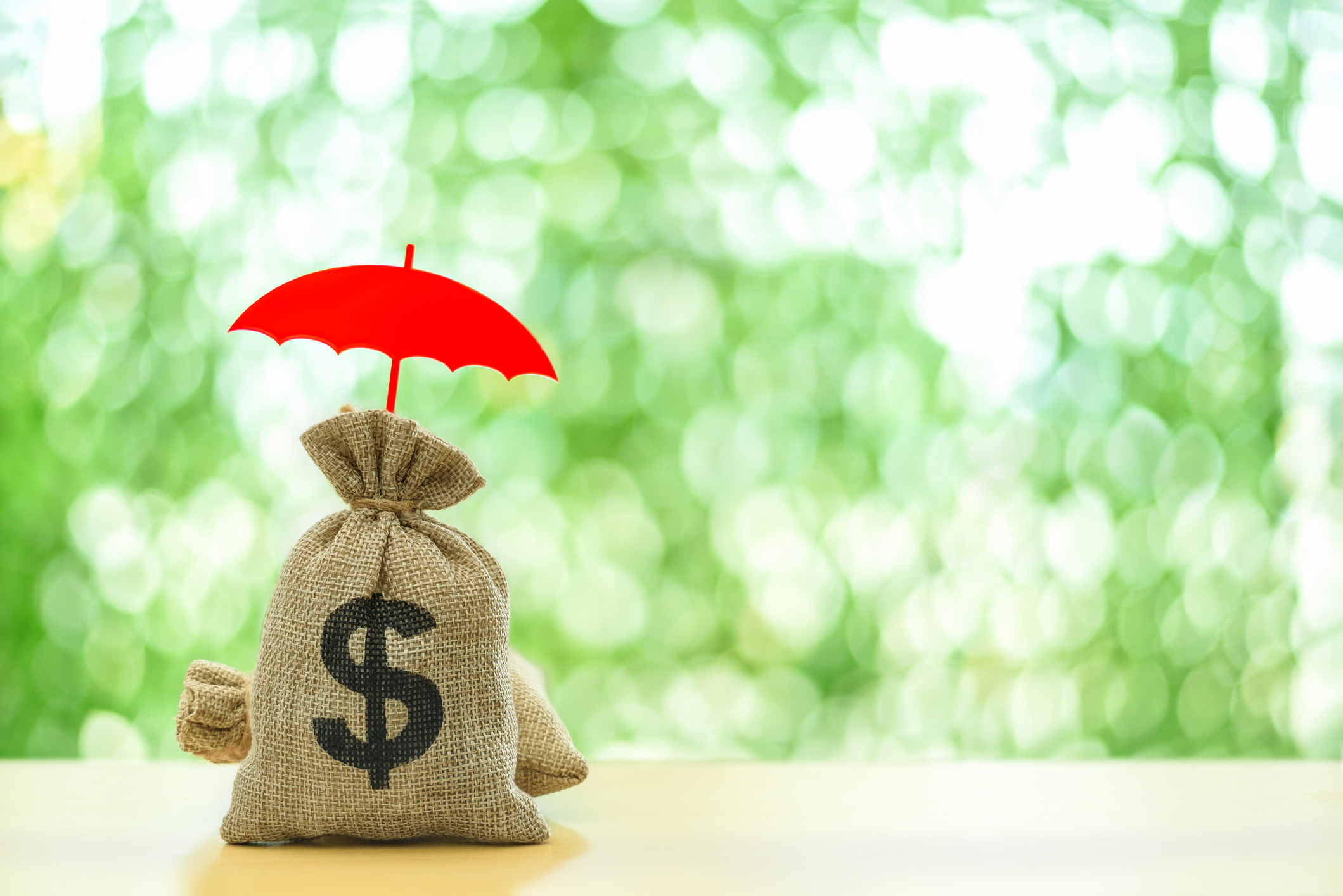 money investment wealth protection red umbrella protects cash on a table