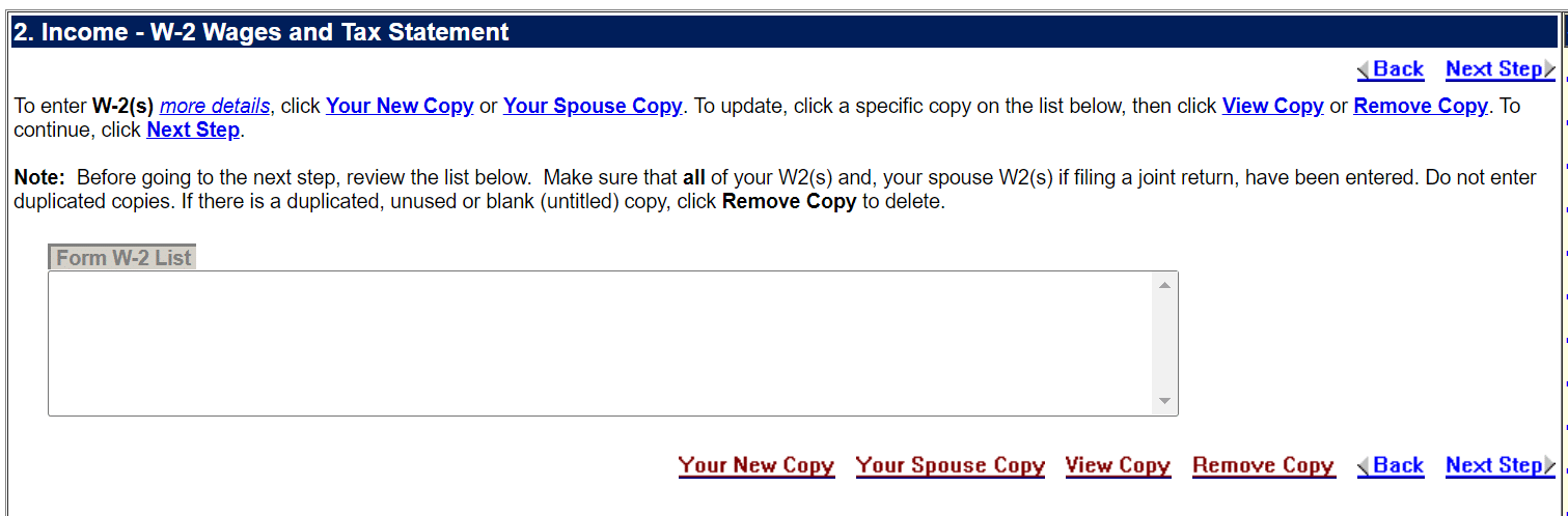 Screenshot of 1040Now's complicated process for adding a W-2