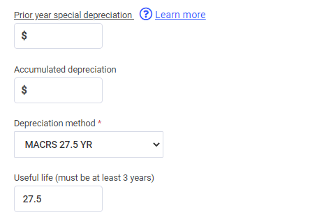 Screenshot of E-file.com's manual inputs for accumulated depreciation