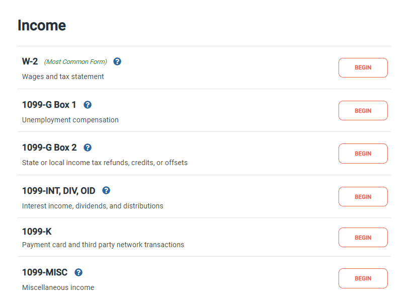screenshot of E-file.com's income section screenshot of E-file.com's income section