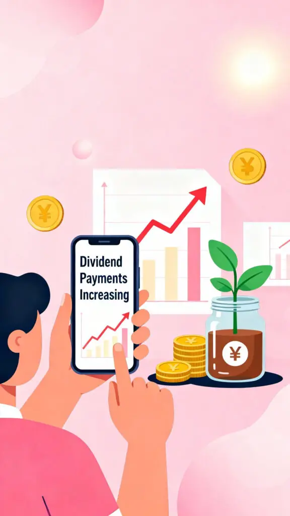 Illustration representing dividend-paying stocks and passive income growth with charts and coins on a pastel pink background.