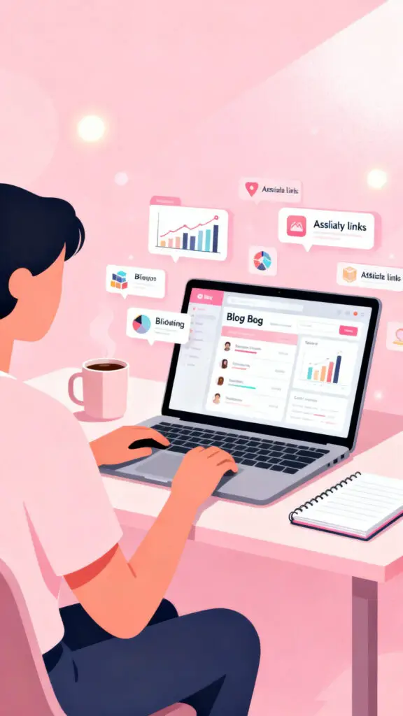 Illustration of a blogger building an affiliate blog on a laptop to earn passive income, shown on a pastel pink background.
