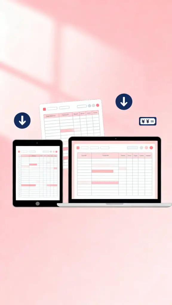 Illustration of automated digital product sales with downloadable planners and templates on a pastel pink background.