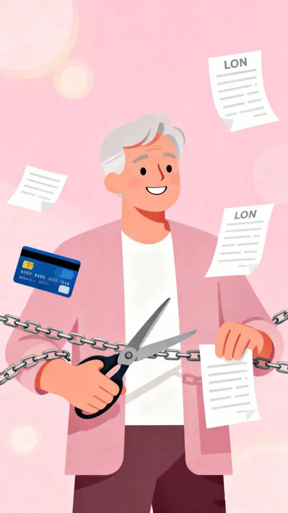 Illustration showing freedom from debt and financial relief on a pastel pink background.