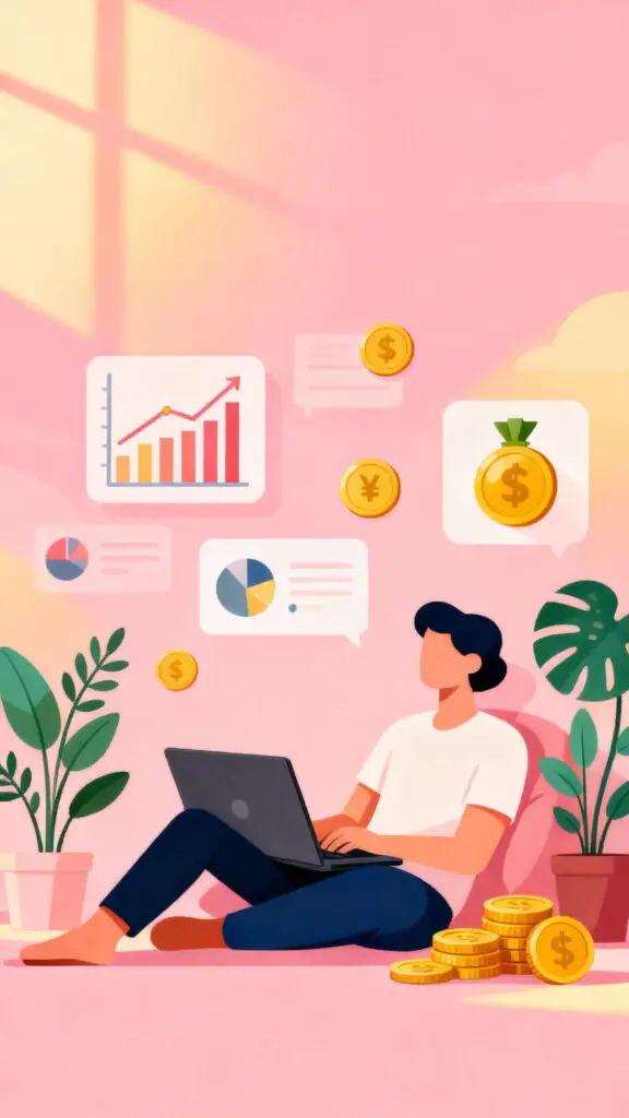 Illustration representing financial independence through passive income on a pastel pink background.