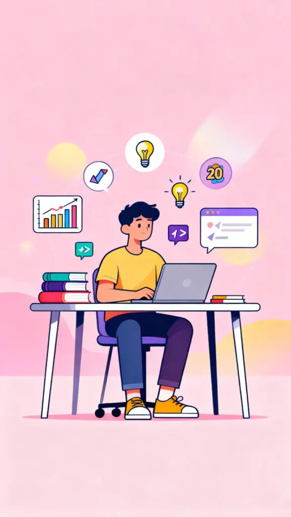 Illustration showing skill-building and personal growth for increasing income on a pastel pink background.