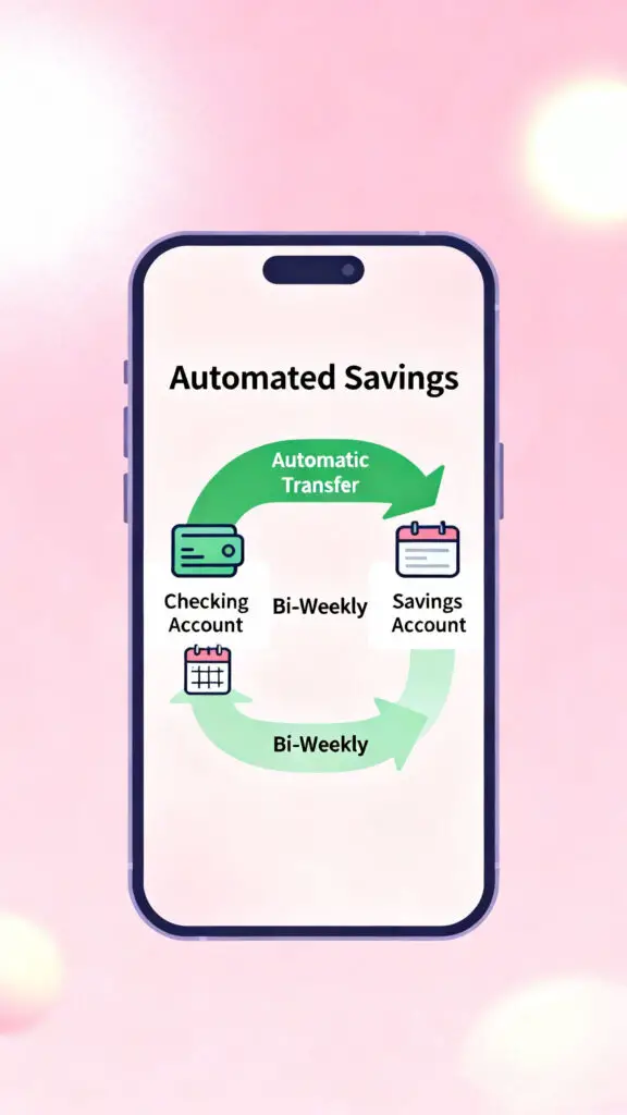 Illustration showing automatic savings transfers helping build a consistent two weeks saving habit on a pastel pink background.