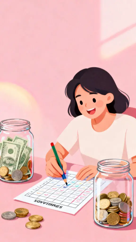 19 Savings Tracker Ideas 3 Illustration of a woman tracking her 52-week savings challenge on a pastel pink background.