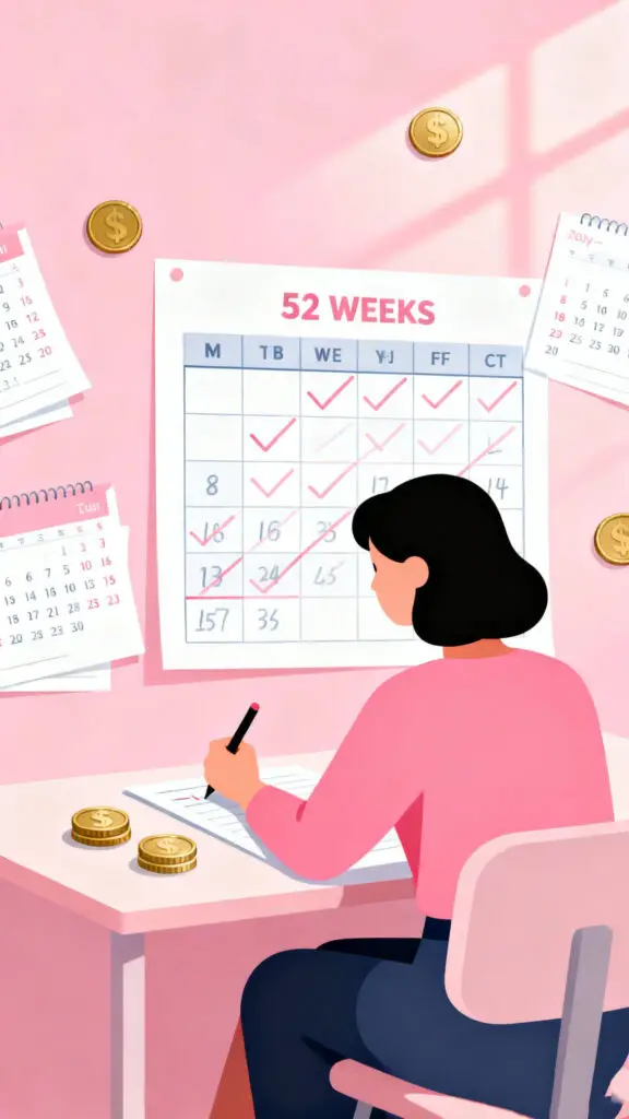 19 Savings Tracker Ideas 2 Illustration of a woman tracking her 52-week savings challenge on a pastel pink background.