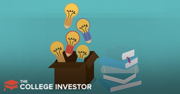 A vibrant illustration set against a teal background features a brown cardboard box overflowing with five brightly glowing lightbulbs, each attached to the eraser end of a colorful pencil (red, blue, and various shades of brown), symbolizing new ideas and creative thinking. Two additional lightbulb-pencils float above the box, suggesting an abundance of concepts. To the right, a neat stack of five light blue and teal books, one with a purple bookmark peeking out, represents education and knowledge. In the bottom left corner, the white text "THE COLLEGE INVESTOR" is prominently displayed, indicating the source. This image visually connects the investment in education, like pursuing an MBA, with the generation of valuable business skills and strategic insights, aligning with the article's discussion on whether the financial cost of business school is truly worth the potential gain in credibility and career advancement. Source: The College Investor