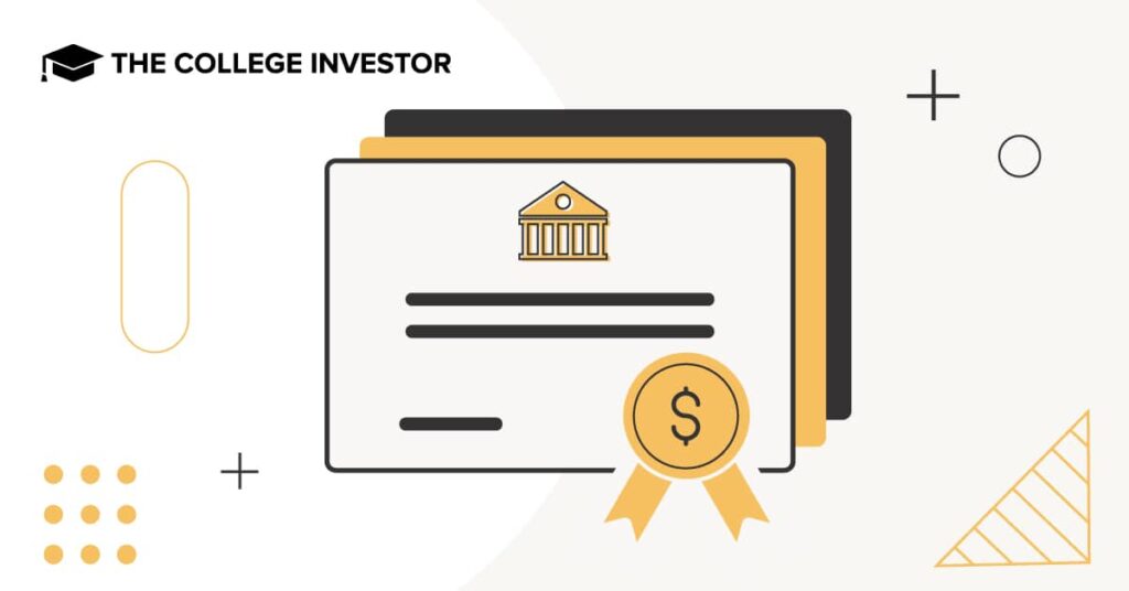 A stylized graphic illustrates the concept of no-penalty Certificates of Deposit (CDs). The central focus is a stack of three rectangular certificates, with the topmost certificate prominently displaying a yellow outline of a classical bank building icon and several horizontal lines representing text. A circular gold medal with a dollar sign in its center and a yellow ribbon hangs from the bottom right corner of the front certificate. The background is light gray with abstract geometric shapes in yellow and black, including plus signs and a curved rectangle, creating a modern and clean aesthetic. The upper left corner features the text