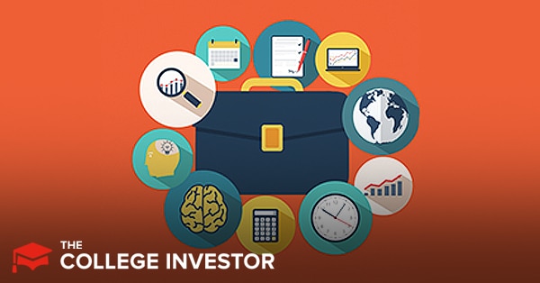This image displays a dark blue briefcase with a gold clasp at its center, representing a financial portfolio. Surrounding the briefcase in a circular arrangement are eight colorful circular icons, each symbolizing a different aspect of portfolio analysis and investment tracking. Clockwise from the top, these icons include a calendar for tracking dates, a checklist with a red pen for planning and tasks, a laptop displaying a financial graph for online analysis, a globe for global investments, a rising bar chart for performance tracking, a clock for time-sensitive decisions, a calculator for computations, and a human brain for strategic thinking. To the bottom left, the text
