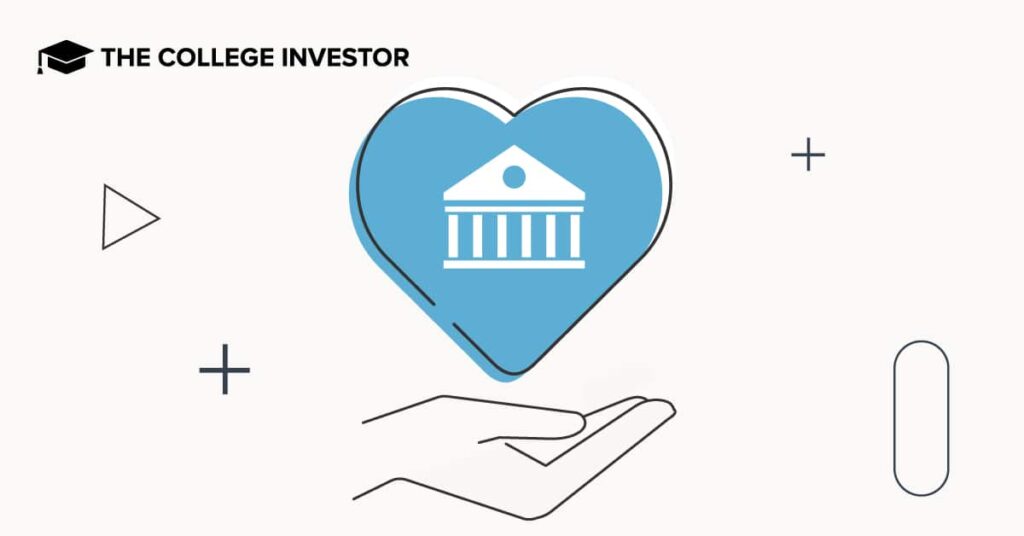 An illustrative image for an article about the best socially responsible banks shows a light blue heart containing a white icon of a classical bank building, complete with columns and a pediment. This heart, symbolizing care and positive impact, rests gently in the cupped outline of a human hand, suggesting support and ethical banking choices. The background is a clean white, accented with minimalist black plus signs, indicating growth and positive additions. The top left corner features the subtle branding