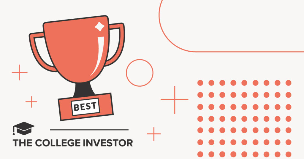 A minimalist graphic features a large, stylized red trophy with "BEST" written on its base, prominently positioned on a light off-white background. The trophy symbolizes top performance and value in tax software, directly relating to the article's focus on identifying the best tax apps for the 2026 tax season (2025 taxes). The overall design incorporates simple geometric shapes in a contrasting dark red outline, including a square grid of dots, several plus signs, and various abstract lines and circles, creating a clean, modern aesthetic. In the bottom left, "COLLEGE INVESTOR" is written in bold, black sans-serif font, clearly identifying the source of this expert advice on tax software for college students, investors, and business owners. Source: The College Investor