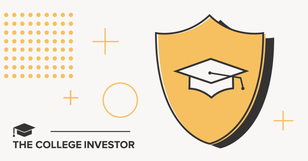 A clean, minimalist graphic with a cream background prominently features a large, stylized golden shield on the right, containing a white graduation cap and tassel icon, symbolizing protection for college students. To the left, a pattern of golden dots, several golden plus signs, and an empty golden circle add abstract design elements. In the bottom left corner, the logo