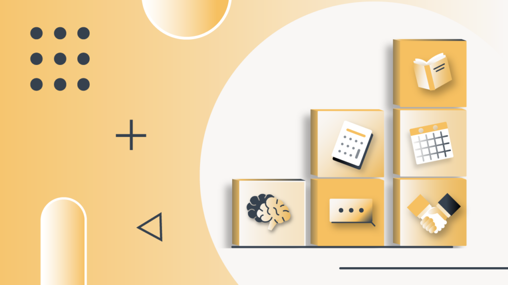 This image, titled "Key Life Skills For Incoming College Freshman," depicts a vibrant, educational graphic on a soft yellow background, featuring a large white semicircular element that dominates the lower half, creating a bright contrast. Scattered across the yellow background are small, dark blue dots arranged in groups, adding a subtle visual texture. On the right side of the image, three distinct light yellow boxes, designed with a slight 3D effect, are stacked and arranged, each containing a white icon. The top box shows an open book, likely symbolizing academics or studying, while the middle box features a calculator, representing financial management or budgeting, and the bottom box displays a calendar, indicating time management or scheduling. This visual emphasizes the crucial life skills college freshmen need to master before starting college, including managing time, money, and academics, directly relating to the article's focus on preparing students for independent living and success in their first year. | Source: The College Investor