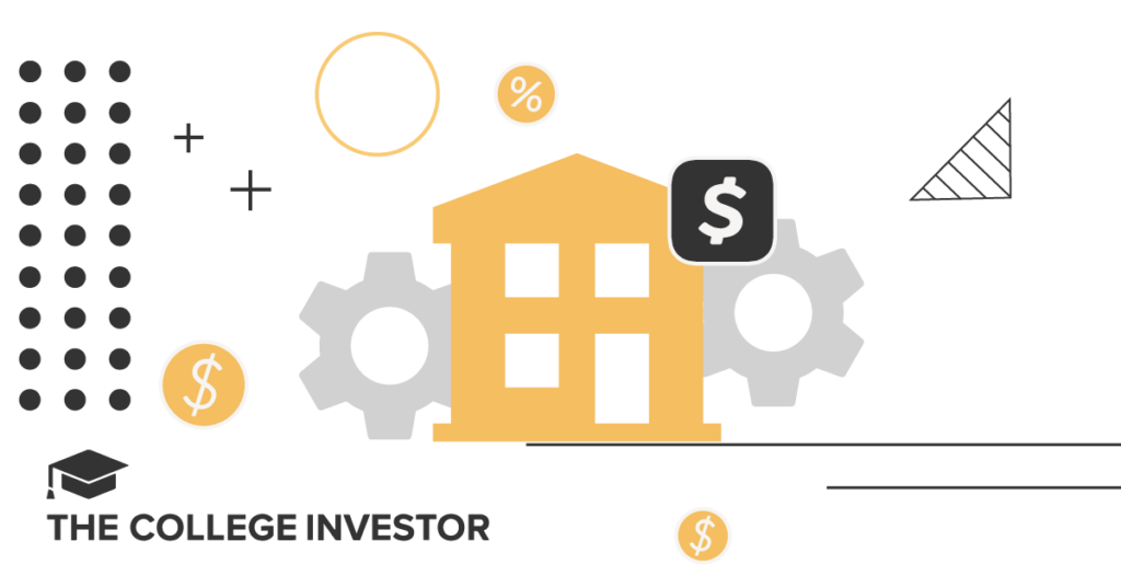 A minimalist graphic illustrating the concept of landlord and property management software, featuring a stylized yellow house with four windows and a brown roof positioned centrally. Two light gray gears, one on each side, suggest the automated processes and efficiency provided by rental property management solutions. Above the house, a black square icon with a white dollar sign signifies rent collection and financial management. Scattered around are various financial icons, including a yellow circle with a white dollar sign on the left, another yellow circle with a percentage sign at the top, and a final yellow circle with a white dollar sign at the bottom, emphasizing the monetary aspects of property investment. The background is white with subtle black geometric shapes and lines, including plus signs and a striped triangle, adding a modern, clean aesthetic. The bottom left corner prominently displays "COLLEGE INVESTOR" in black capital letters, connecting the image to the article's publisher and target audience interested in real estate investment.