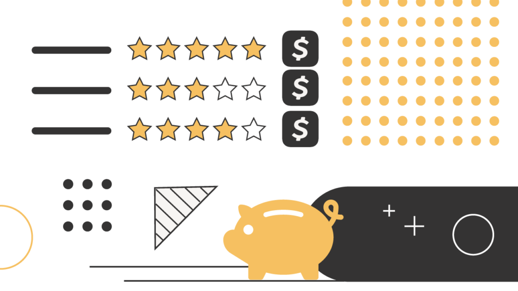 This image is a simplified, graphic representation featuring a golden piggy bank, three rows of golden star ratings, and dollar signs, all set against a white background with decorative elements. The piggy bank, a classic symbol of saving money for retirement, is positioned in the lower right, implying growth and investment, central to discussions about Roth and Traditional IRAs. Above it, three distinct rows display star ratings, with the top row showing five full stars, the middle row four stars, and the bottom row three stars, possibly representing evaluations of different IRA account providers like M1 Finance based on commissions, fees, investment options, and ease of use. To the right of the star ratings, three black squares each contain a white dollar sign, reinforcing the financial theme of saving for retirement and the tax-free growth benefits of an IRA. The overall design uses simple shapes and a color palette of gold, black, and white, making it a clear visual aid for an article discussing the best IRA accounts.