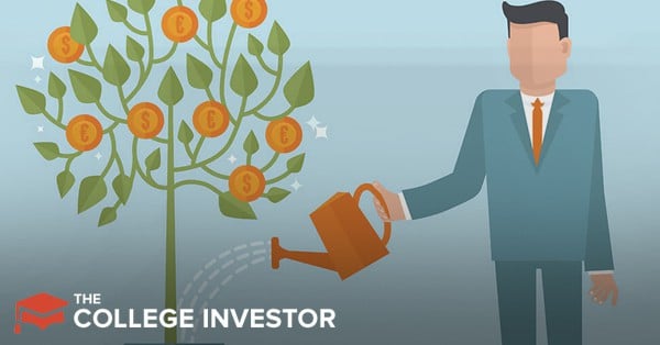 A stylized illustration depicts a man in a blue suit and orange tie, representing an investor, watering a money tree with an orange watering can, symbolizing the growth of investments. The money tree has green leaves and several coins with euro and dollar signs growing from its branches, signifying financial returns from stock trading. The background features a gradient of light to dark blue, with subtle sparkles around the tree to emphasize growth and success. The logo "THE COLLEGE INVESTOR" is prominently displayed in white text in the bottom left corner, reinforcing the article's focus on free stock trading apps and how individuals can buy stocks online to grow their money. This image visually represents the concept of investing wisely to achieve financial gains, connecting directly to the article's discussion of commission-free platforms like Robinhood and Fidelity. Source: The College Investor