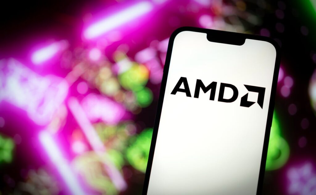 AMD's logo is displayed on a smartphone.