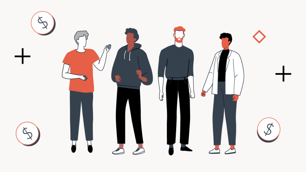 An illustrative image featuring four diverse men standing together against a light, off-white background with subtle dashed lines and floating financial icons, perfectly encapsulating the theme of "Best Side Hustles for Men." On the left, a man with light gray hair and an orange t-shirt gestures as if speaking, representing communication and networking opportunities in side gigs. Next to him, a man with dark curly hair wears a dark gray hoodie and black pants, symbolizing the comfort and flexibility of remote or home-based side hustles. The third man has red hair and a beard, dressed in a dark long-sleeved shirt and black pants, conveying a sense of focused work or specialized skills. On the far right, a man with dark hair wears a white open jacket over a black shirt and dark pants, suggesting professional or service-oriented side jobs like mobile car detailing or handyman services. Two circular icons with dollar signs are visible in the bottom left and top left corners, emphasizing the earning potential of side hustles, while a red diamond shape in the top right corner adds a touch of visual interest. The image effectively conveys the article's focus on diverse opportunities for men to earn extra cash and learn new skills through side jobs, appealing to readers seeking flexible work opportunities. Source: The College Investor