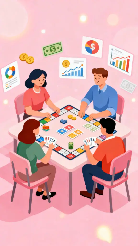 Illustration showing financial problem solving and money strategy through games on a pastel pink background.