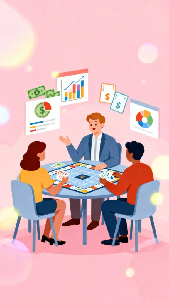 Illustration of adults learning financial literacy through interactive games on a pastel pink background.