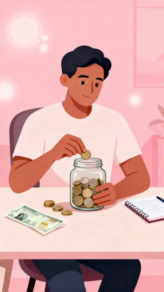 Illustration showing an adult paying themselves first by saving money on a pastel pink background.