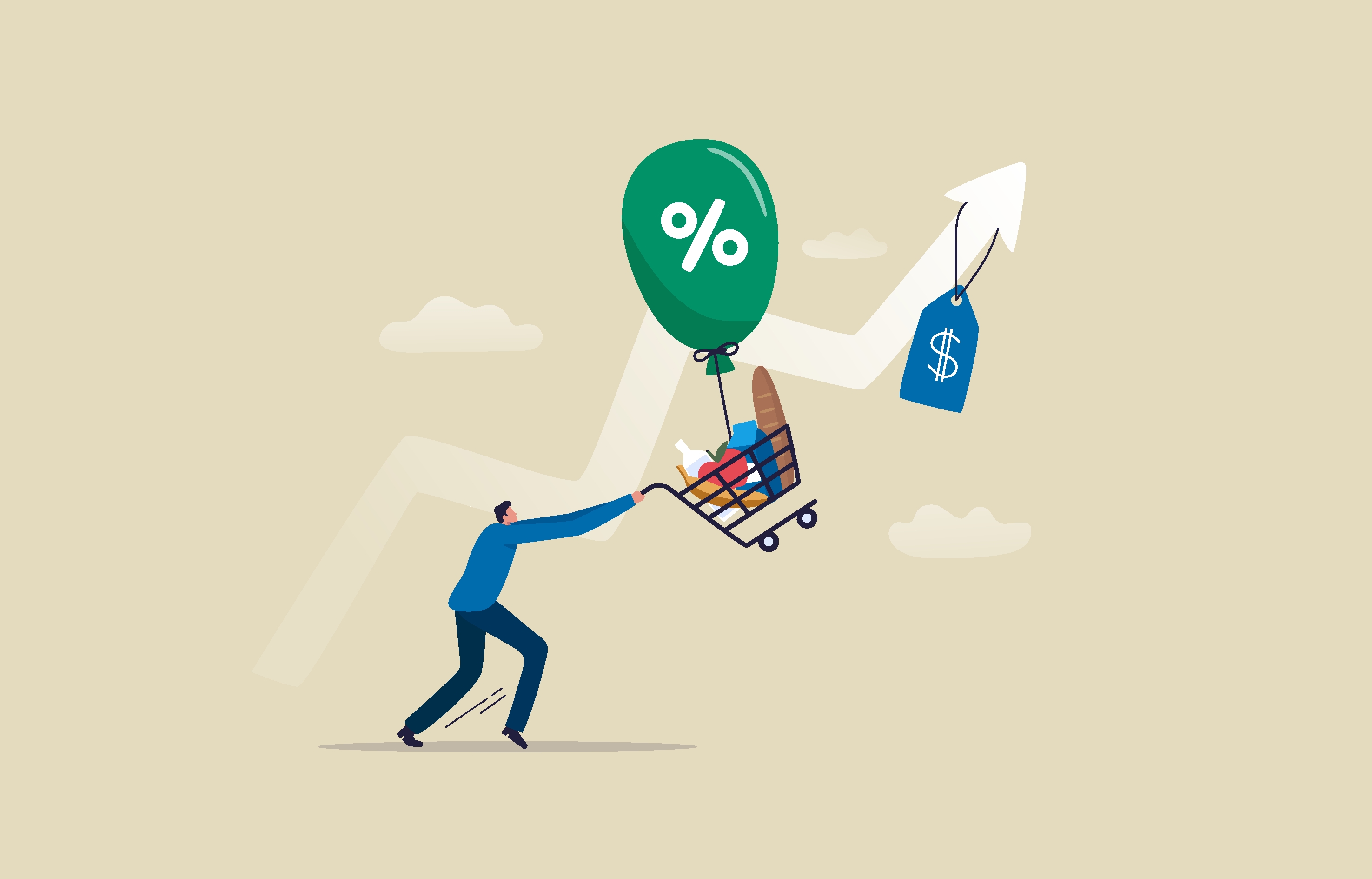 Inflation financial crisis concept. A man trying to catch the shopping cart full of food flying away with the inflation bubble. illustration