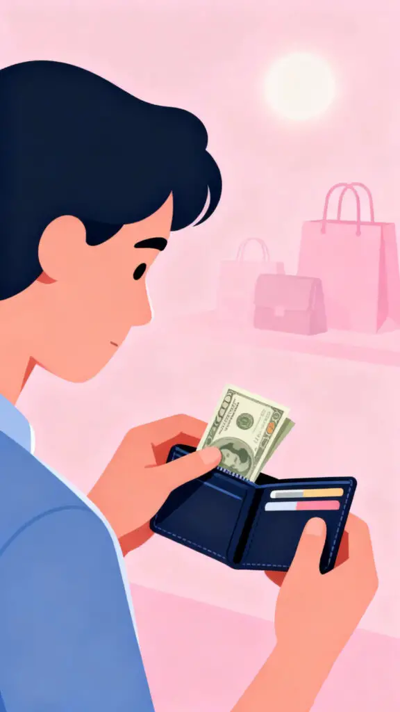 Illustration showing how using cash helps control spending and reduce impulse purchases on a pastel pink background.