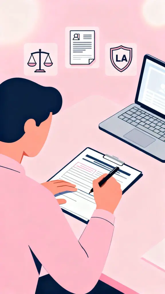 llustration of registering a business and choosing a legal structure on a pastel pink background.