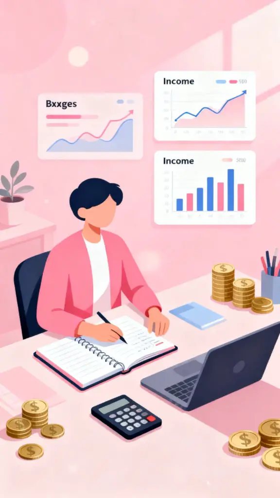 Illustration of a small business owner managing finances and budgeting on a pastel pink background.
