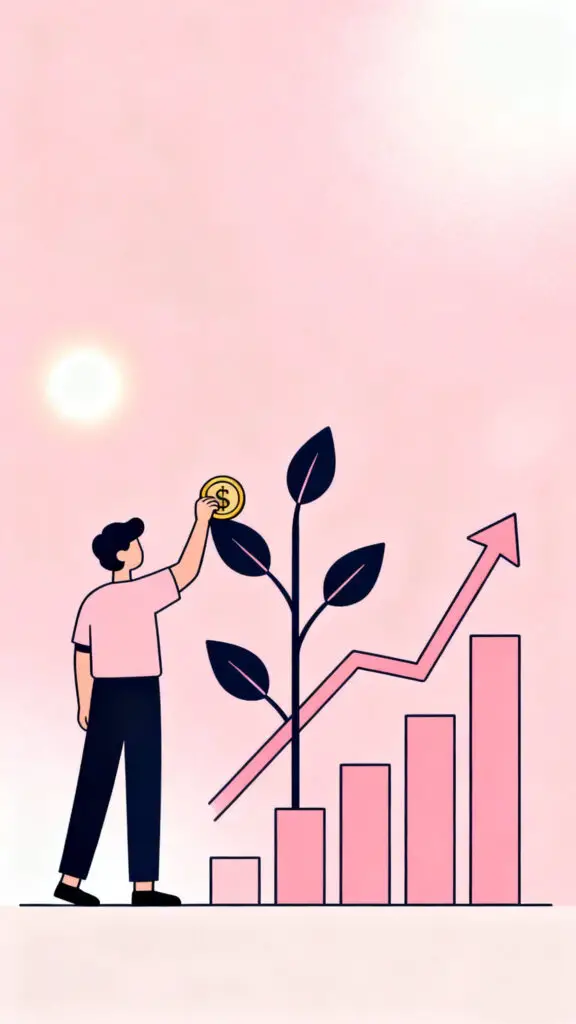 Illustration showing early and consistent investing with growing plant and coins on a pastel pink background.