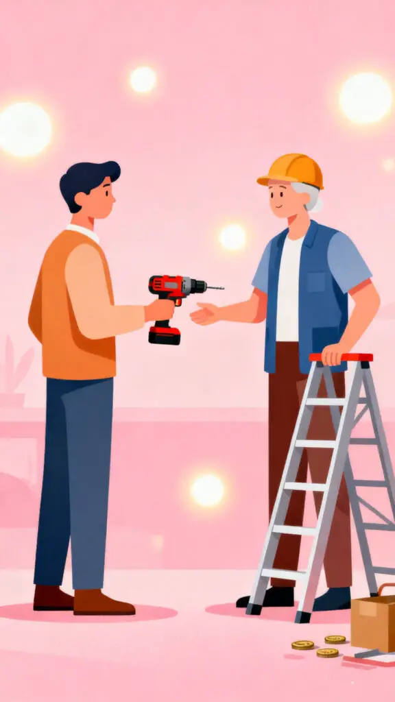 Illustration of neighbors sharing tools on a pastel pink background representing borrowing instead of buying.