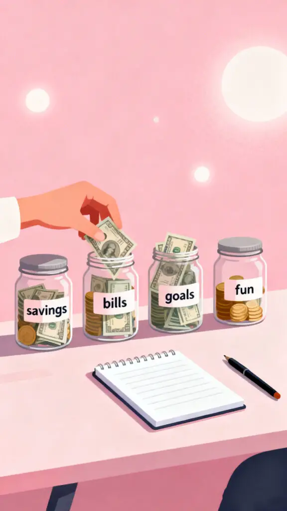Illustration of a person assigning money into labeled jars on a pastel pink background symbolizing organized budgeting.