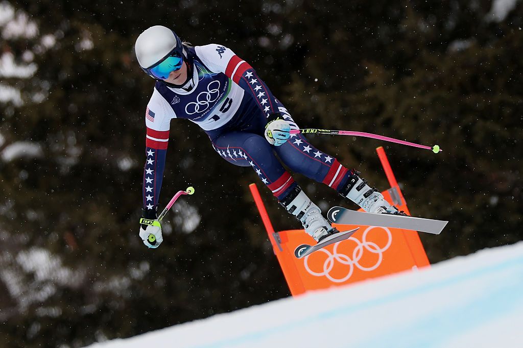 Lindsey Vonn of Team United States skis during the Women's Downhill training on day one of the Milano Cortina 2026 Winter Olympics at Tofane Alpine Skiing Centre on February 07, 2026.