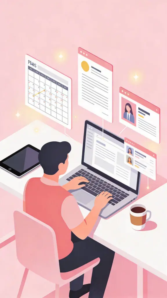 35 Ways To Get $1000 Fast In 2026 2 Illustration of a person creating digital templates on a laptop with a pastel pink background symbolizing online income.