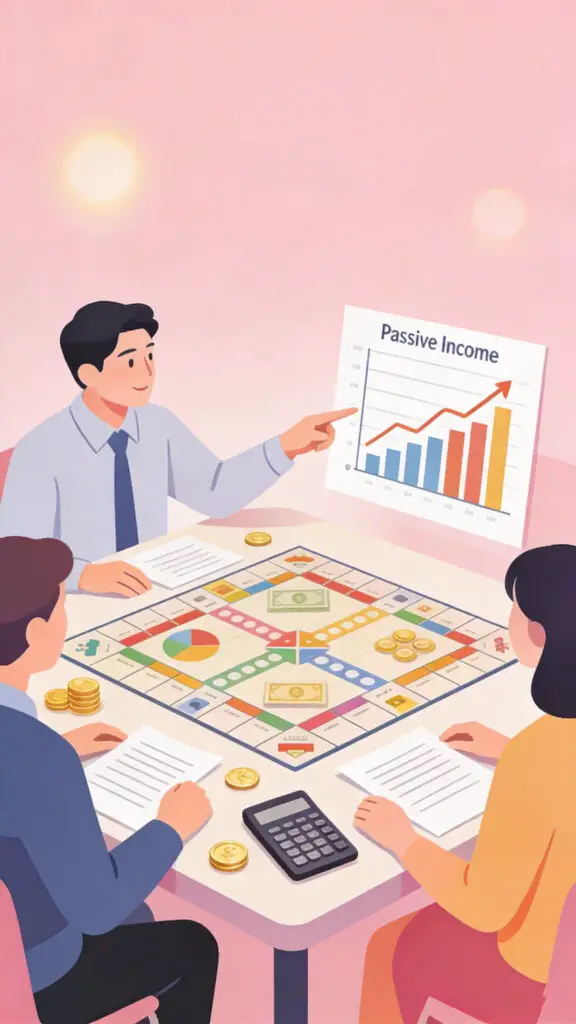 Illustration of adults playing a financial board game to learn passive income on a pastel pink background.
