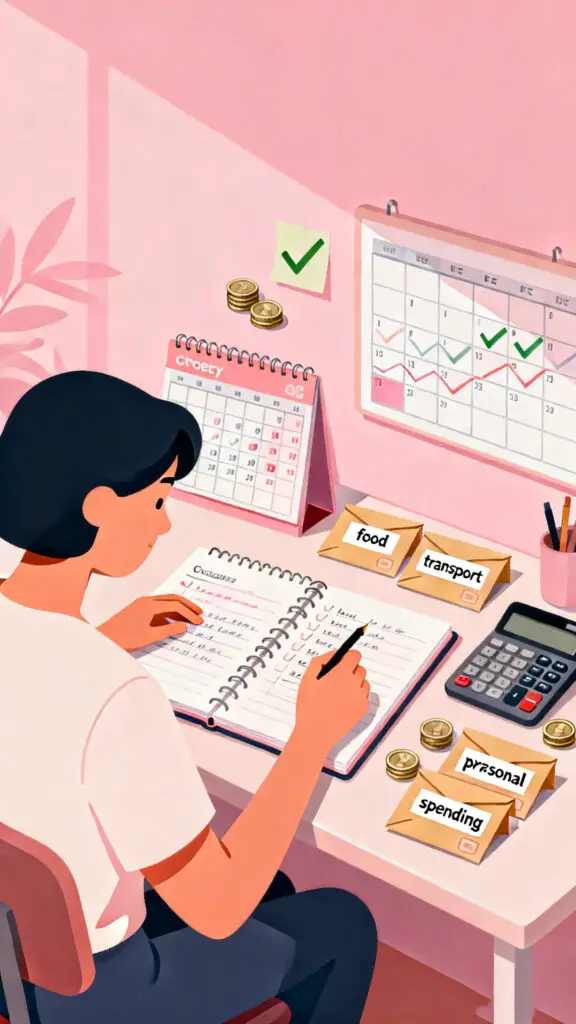 Illustration of a person planning weekly expenses with a calendar, lists, and spending envelopes on a pastel pink background.