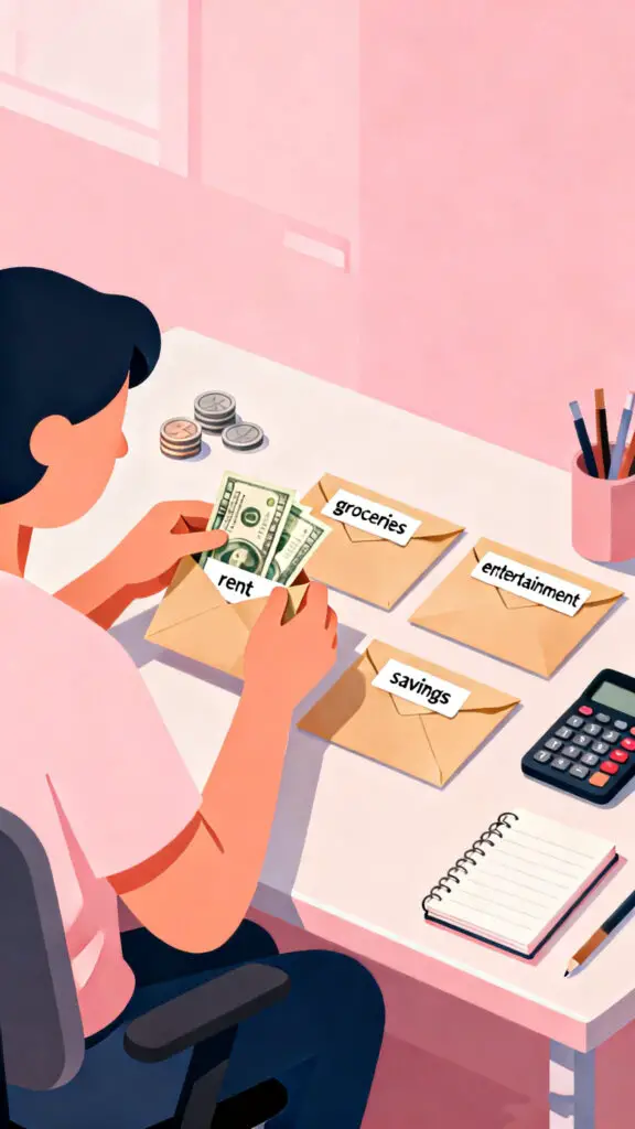 Illustration of a person organizing cash into labeled budget envelopes on a pastel pink background.