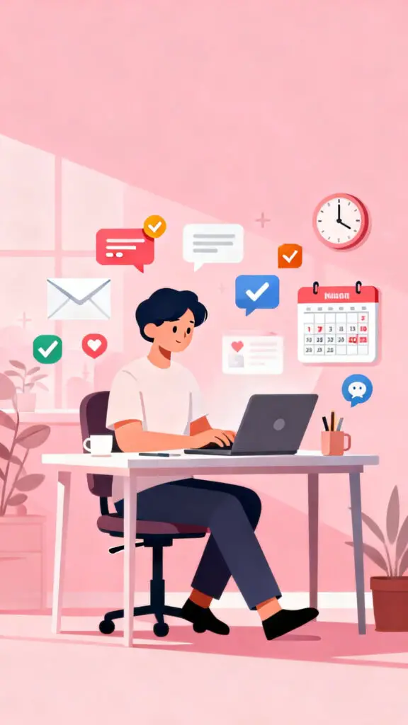 Illustration of a person working remotely as a virtual assistant from home with organized digital tasks on a pastel pink background.
