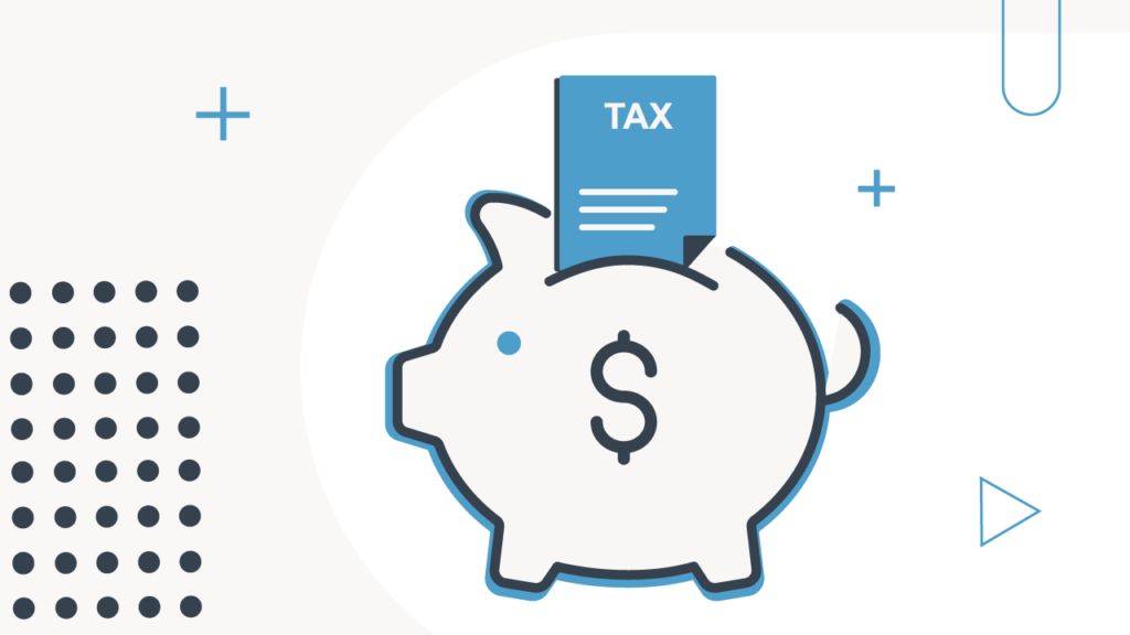 An illustration depicting a white piggy bank with a dollar sign on its side, symbolizing saving money, is positioned prominently against a light blue and white background. A blue document labeled "TAX" with horizontal lines representing text is shown being inserted into the coin slot of the piggy bank, signifying a tax refund being saved. The background features various minimalist geometric shapes in blue, including plus signs, dots, and triangles, adding to a clean and modern financial theme. This image visually represents the concept of saving your tax refund, aligning with the article's focus on the best ways to save and build wealth with your tax return, such as boosting emergency savings or building a checking account buffer.