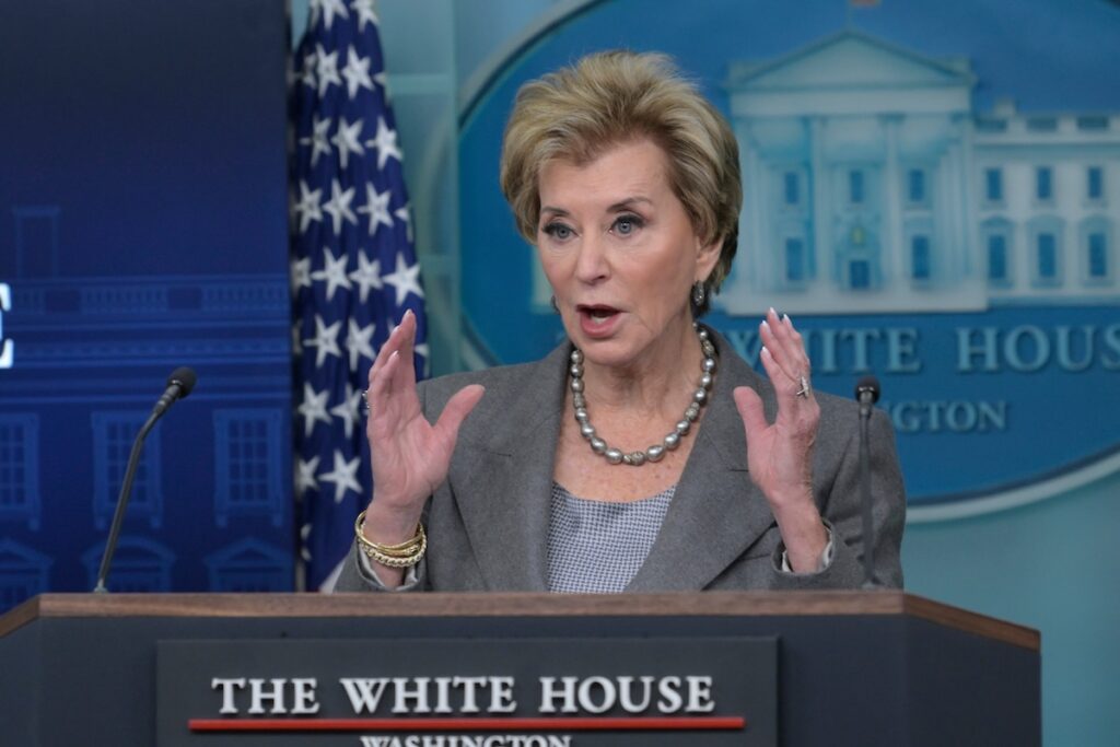 Department of Education Secretary Linda McMahon hold a press conference, today on November 20, 2025 at Brady Room/White House in Washington DC, USA. (Lenin Nolly/Sipa USA)(Sipa via AP Images)