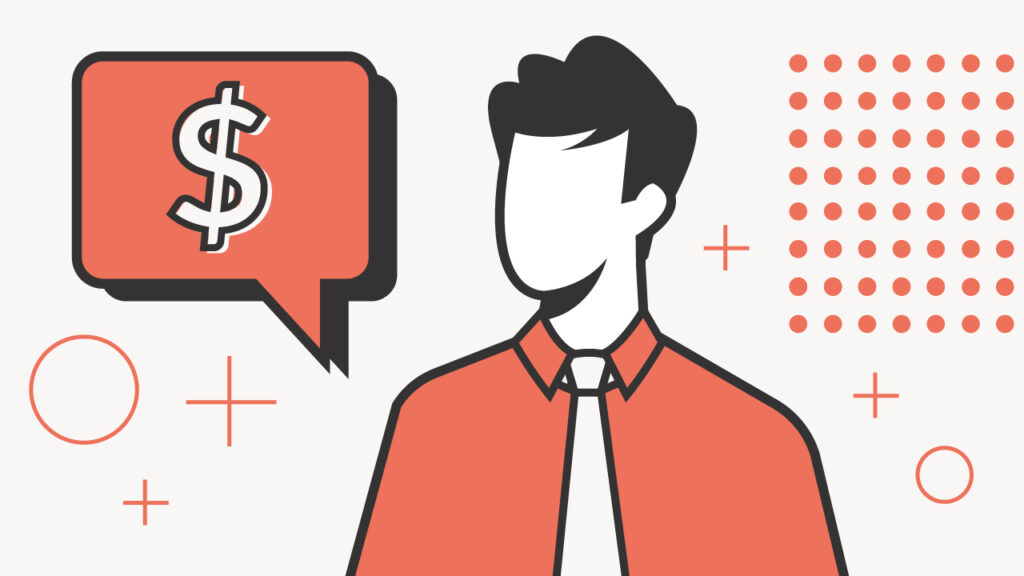 A stylized illustration depicts the concept of a college admissions consultant's cost. The central figure is an anonymous man, rendered from the chest up in a clean, modern black outline with a white face and shirt, wearing a vibrant coral-orange collared shirt and a white tie. To his left, a prominent coral-orange speech bubble with a thick black outline contains a white dollar sign, symbolizing the financial aspect of hiring a consultant. The background is a light, neutral gray adorned with subtle, abstract coral-orange and black geometric shapes, including plus signs, circles, and a dotted rectangle, adding to the contemporary feel. This image visually represents the article's discussion on the pricing for a college admissions consultant, which can range from hourly rates to a significant flat fee, highlighting the investment involved in navigating the complex college admissions landscape. Source: The College Investor