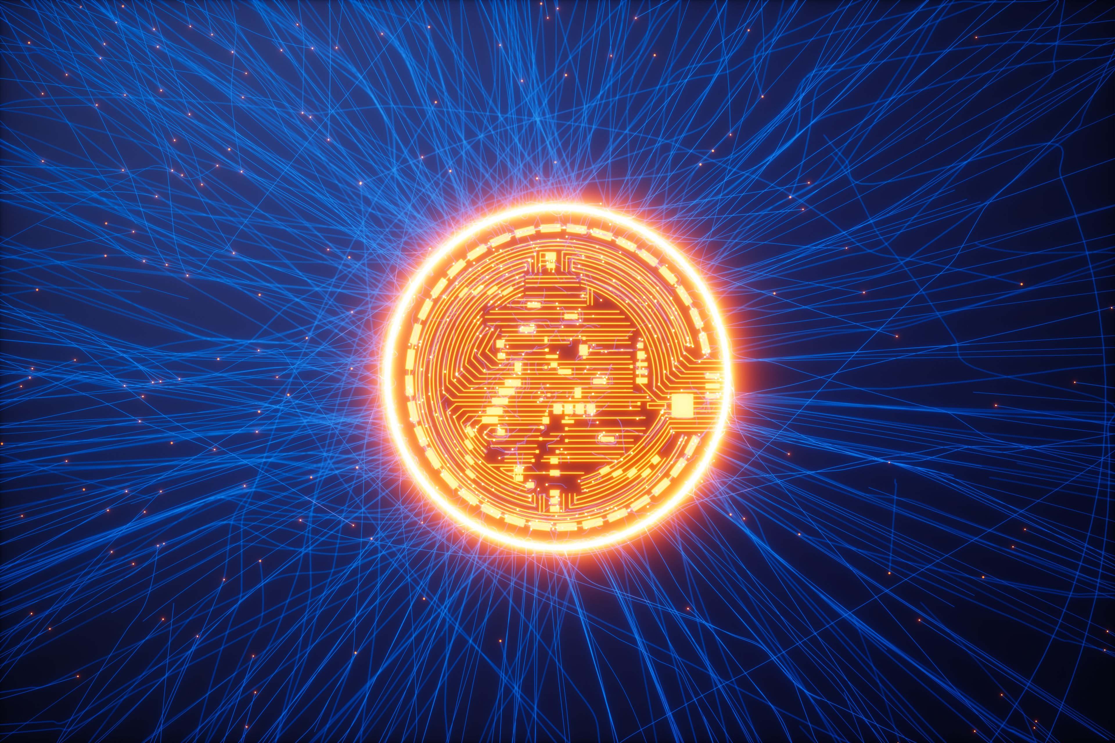 A coin with illuminated digital circuitry.