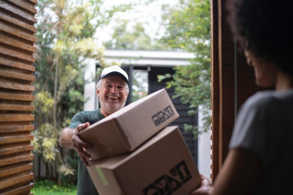 A parcel delivery service driver hands packages to a customer.