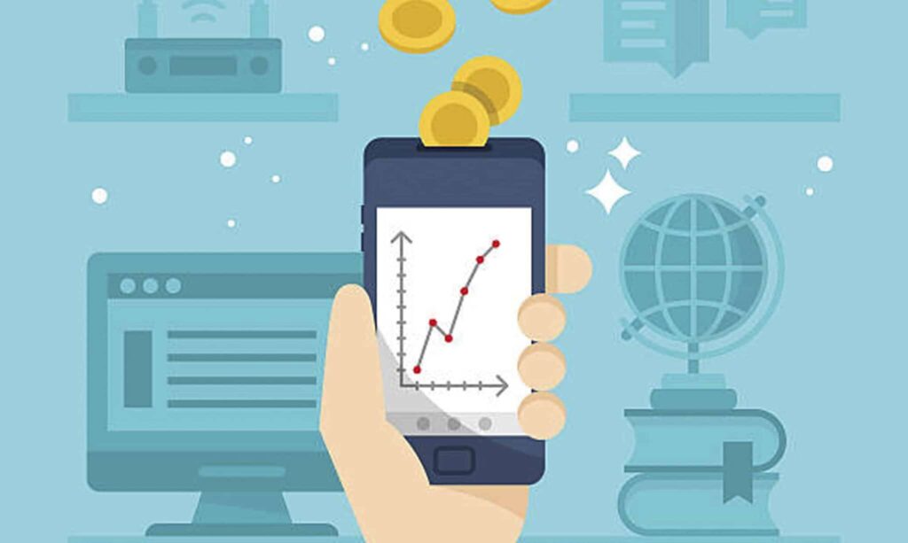 An image of a person checking a mobile phone with coins coming out of the top, on a blue background with items such as computers and textbooks. The image represents Qualified 529 plan Expenses that students can use for 529 plans. Source: The College Investor